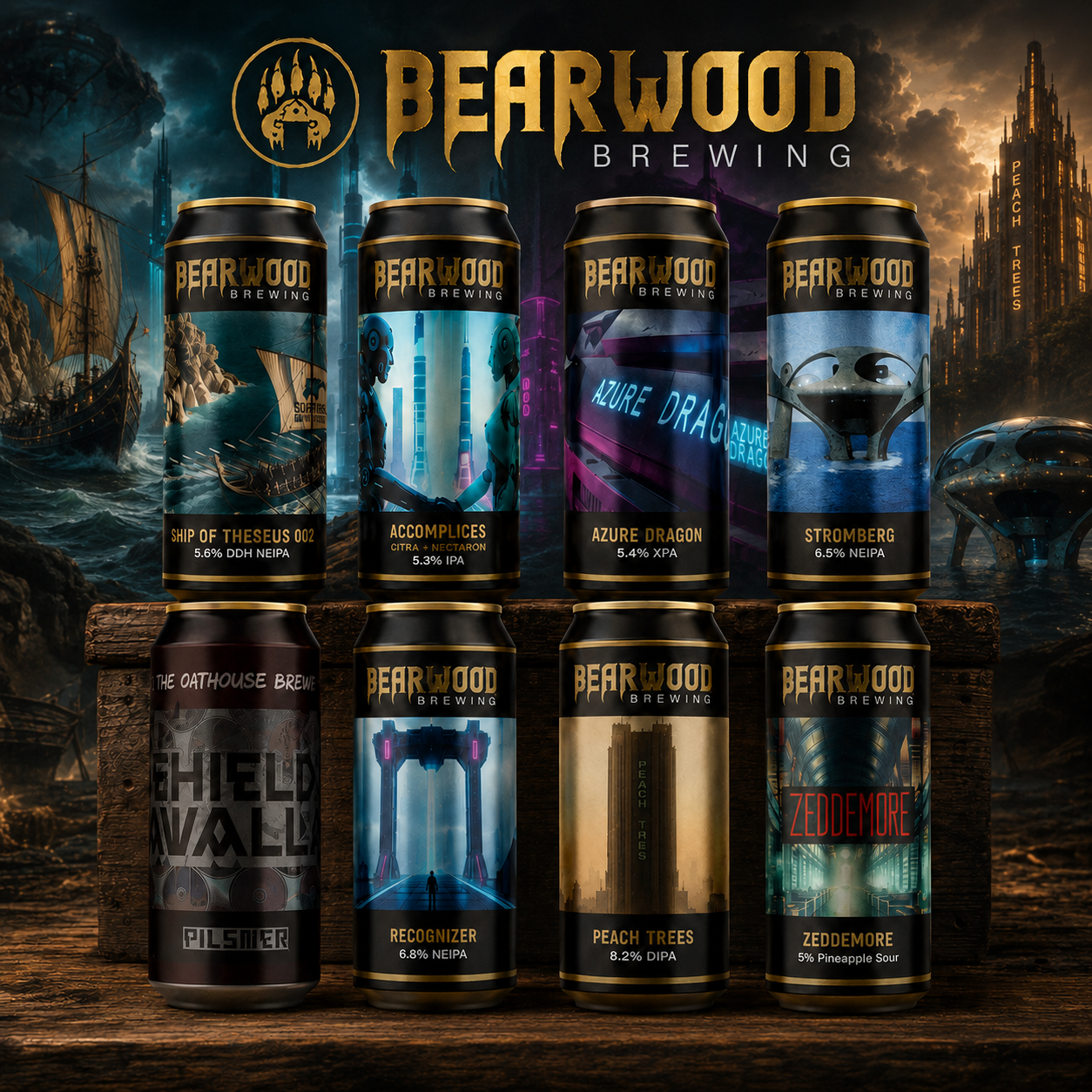 Eight Bearwood Brewing craft beer cans arranged in two rows on a wooden surface, with a dark fantasy castle and sea backdrop. The cans feature different illustrated labels in blue, purple, gold, and black, with the Bearwood Brewing logo prominently displayed above.