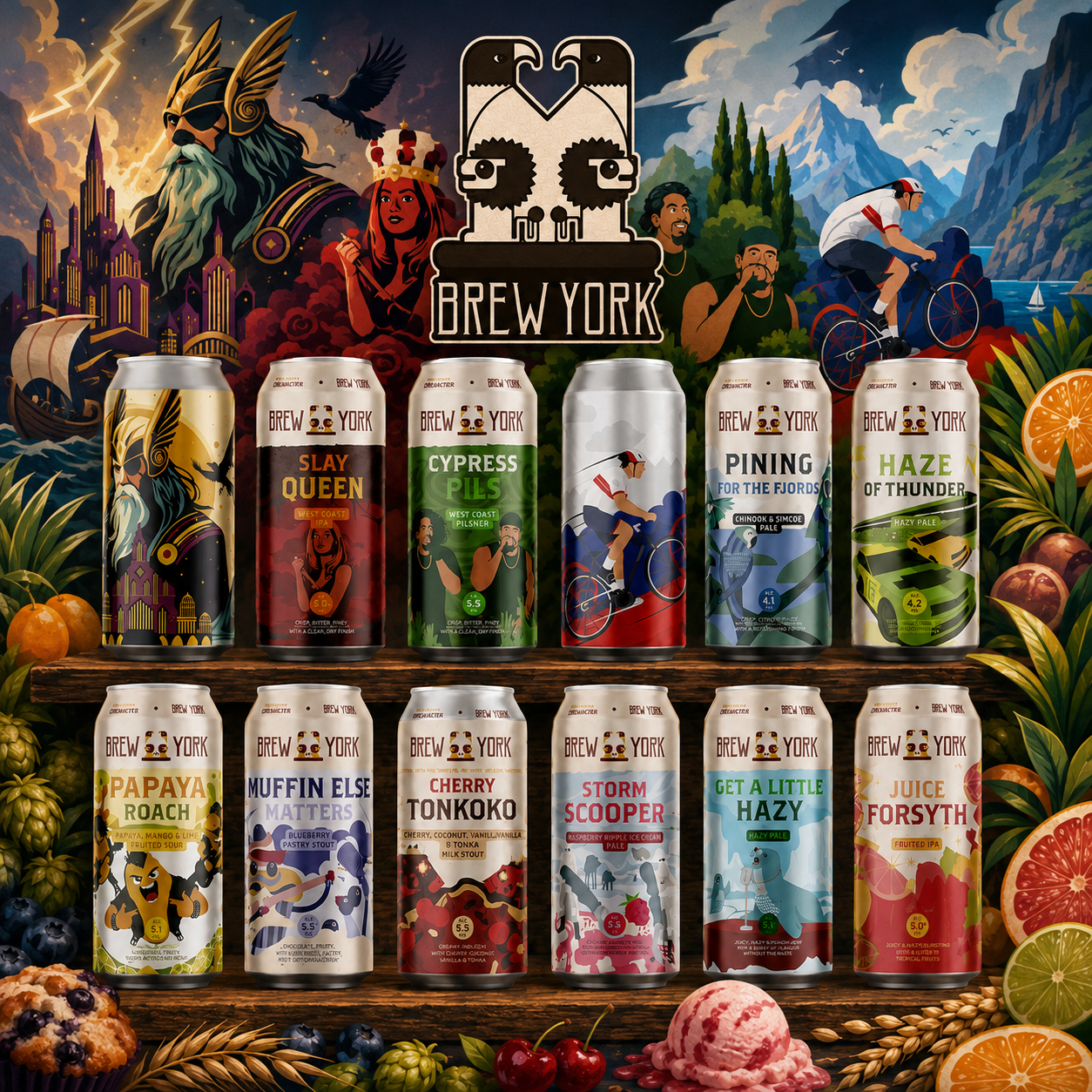 A promotional display of twelve Brew York craft beer cans arranged on wooden shelves, with a highly detailed, colourful fantasy illustration background featuring a horned warrior, a crowned figure, cyclists, and citrus fruits. The cans feature various illustrated labels including 'Slay Queen', 'Cypress Pi', 'Pining for the Fjords', 'Papaya Roach', 'Muffin Else Matters', 'Cherry Tonkoko', 'Storm Scooper', 'Get a Little Hazy', and 'Juice Forsyth'.