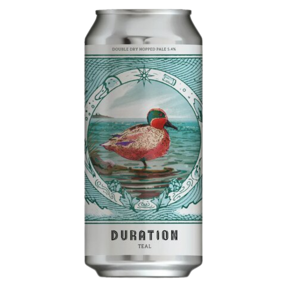 Beer can with a duck illustration and 'Duration' branding on a white background. Duration Brewing
Teal Pale Ale 5.4%