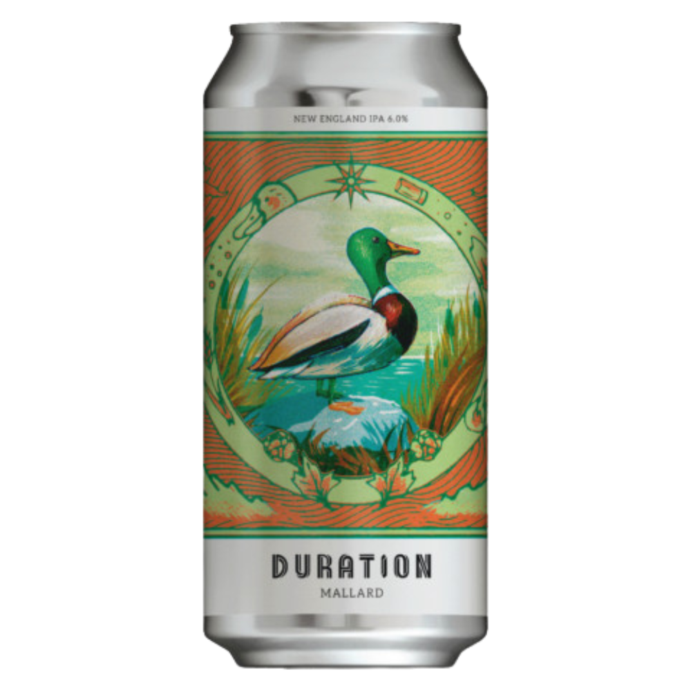 Beer can with a duck illustration on a white background - Duration Brewing Mallard IPA 6%