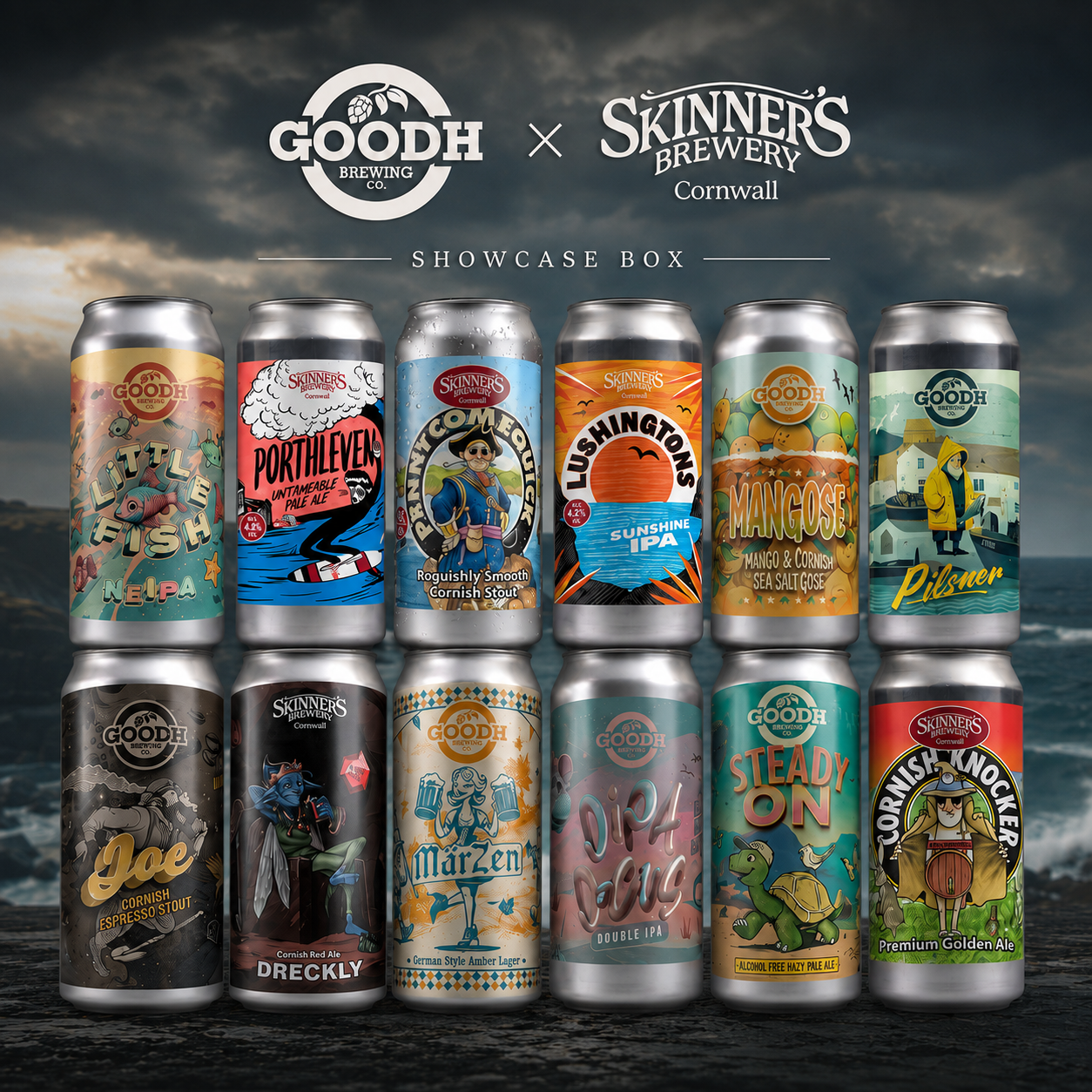 A promotional collage showing twelve craft beer cans arranged in two rows beneath the Goodh Brewing and Skinner's Brewery Cornwall logos, with the text 'SHOWCASE BOX' centred above. The cans feature colourful illustrated labels including names like Lushingtons Sunshine IPA, Mangoose, Joe's Imperial Stout, Penny Come Quick and others.