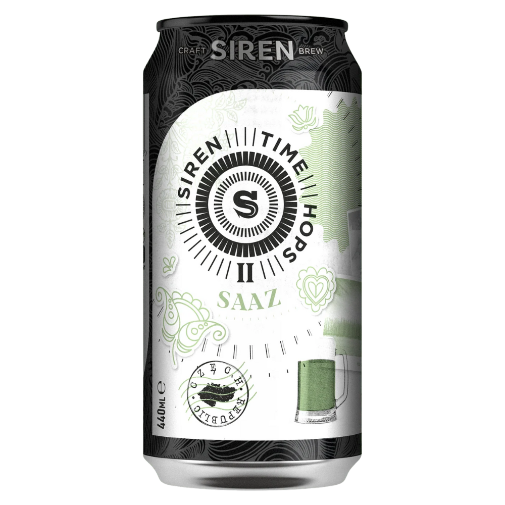Siren Brew can with 'Time Hops II' and 'SAAZ' text on a white background