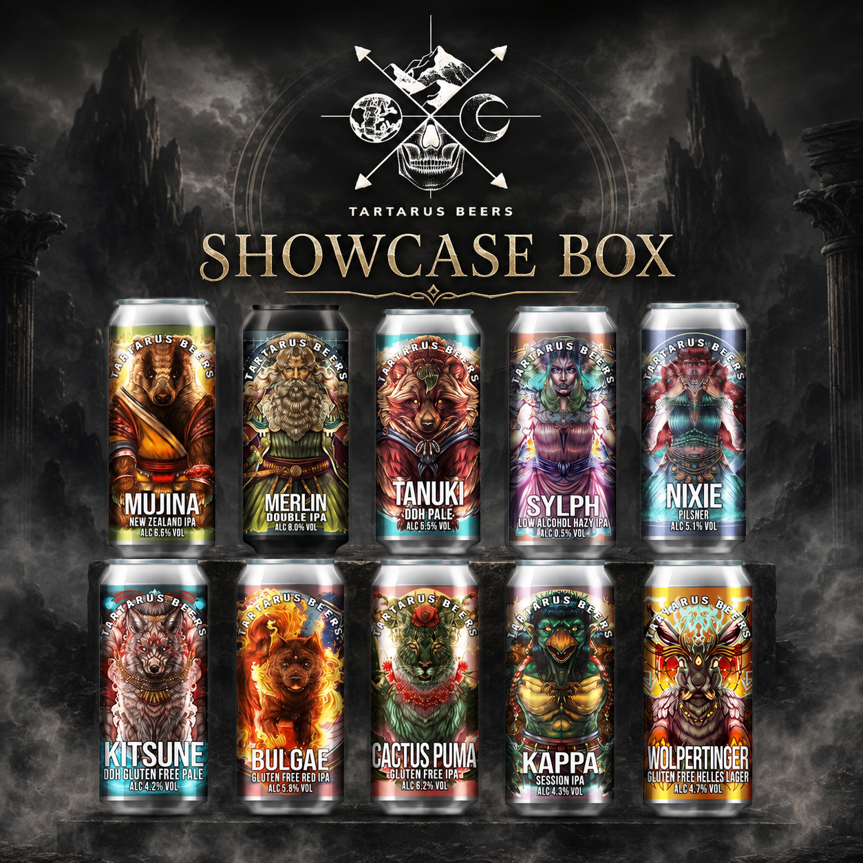 A promotional graphic for Tartarus Beers showcasing a 'Showcase Box' containing 12 craft beer cans arranged in two rows against a dark, gothic castle background. The top of the graphic features the Tartarus Beers logo and the text 'SHOWCASE BOX'.